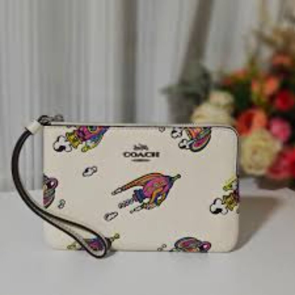 Coach Cosmic Corner Zip Wristlet With Rocket Print